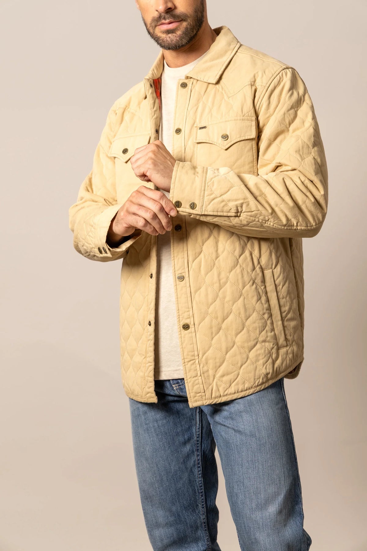 Kimes Ranch Dickson Shacket in Tan with diamond quilting and button front