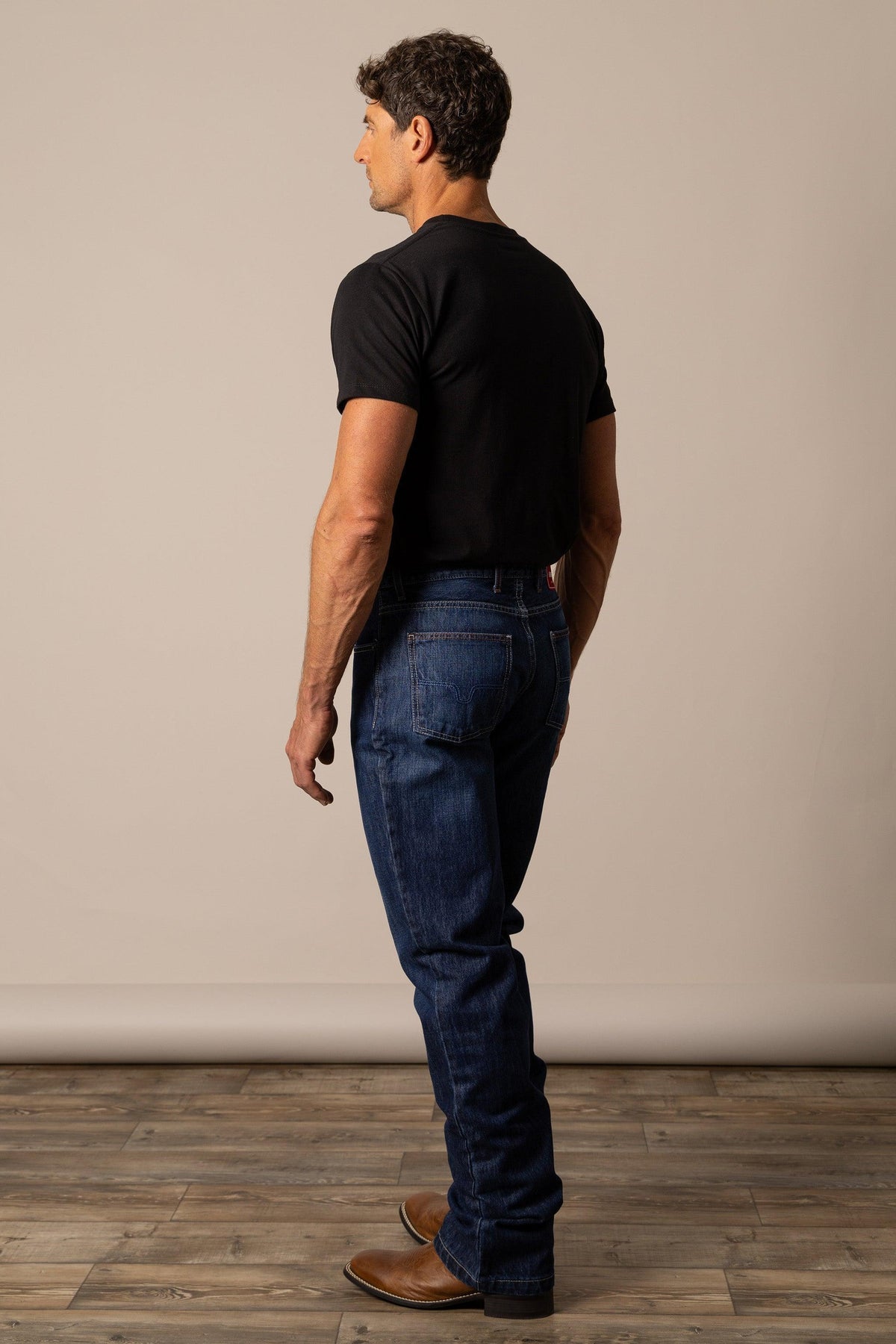 Kimes Ranch Dillon relaxed bootcut jeans in dark blue with back pockets and contrast stitching