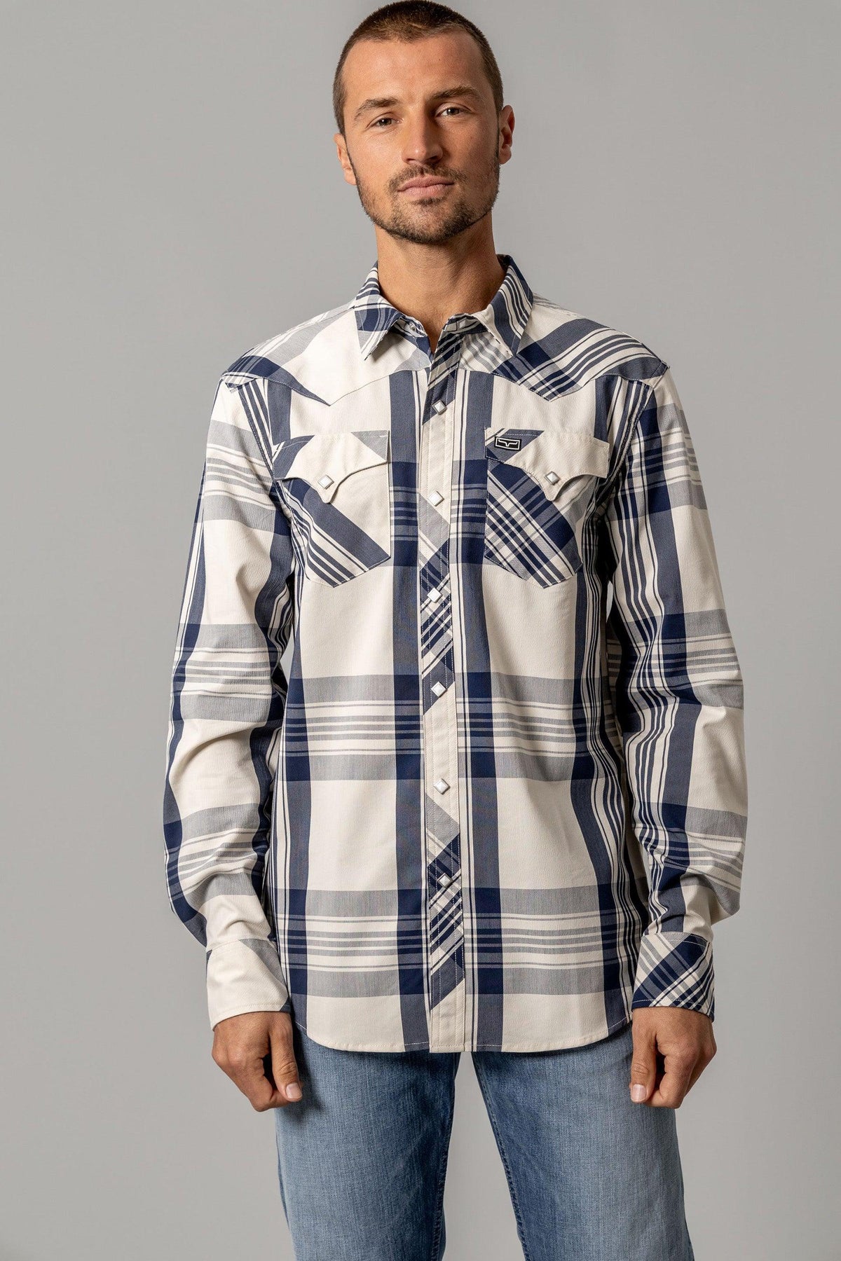 Kimes Ranch Double R long sleeve dress shirt in Navy with a plaid pattern and two chest pockets