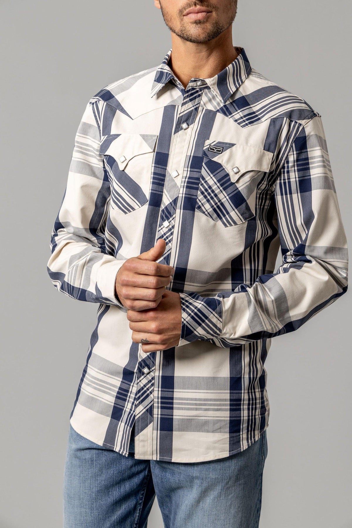 Kimes Ranch Double R long sleeve dress shirt in Navy with a plaid pattern and two chest pockets