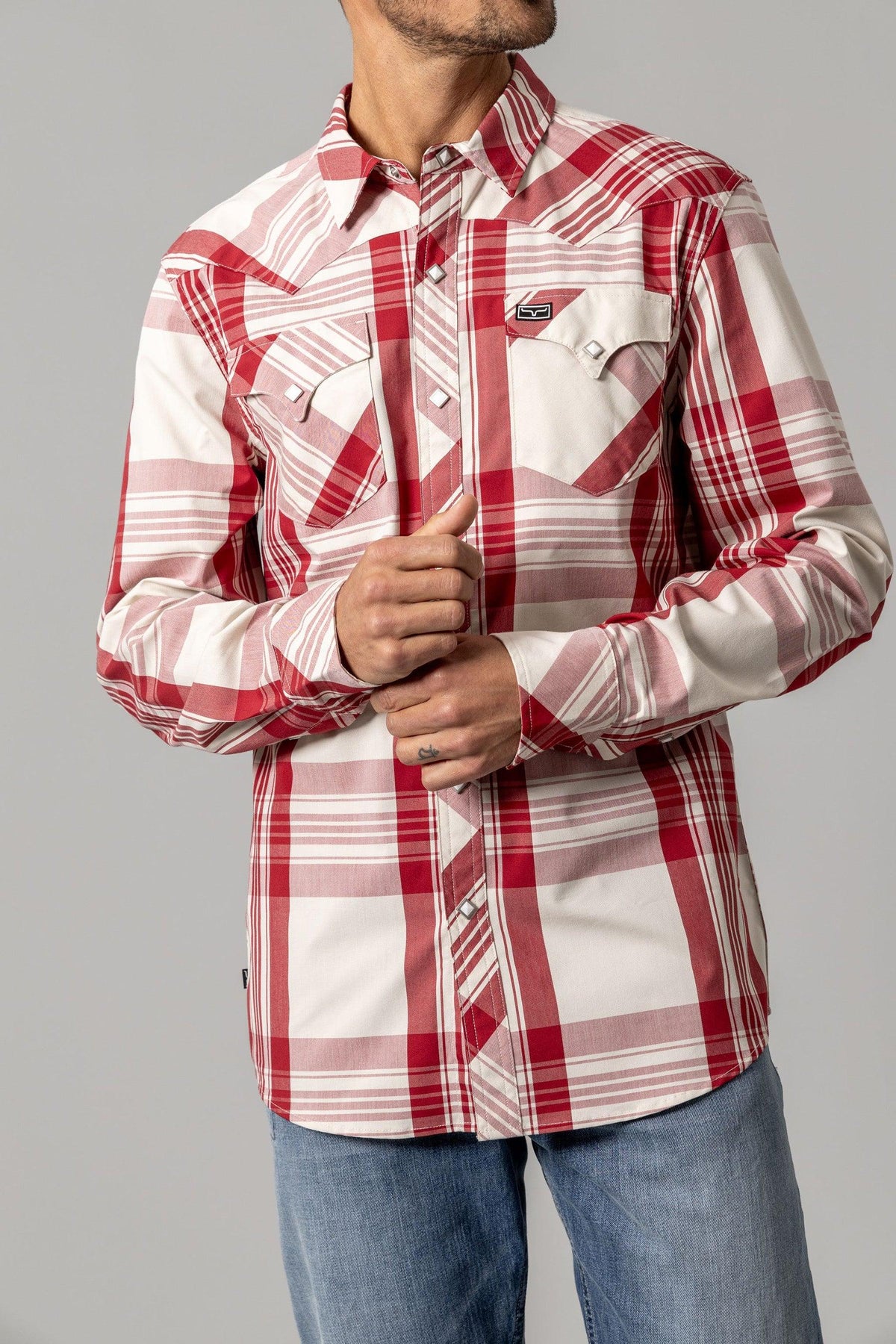 Kimes Ranch Double R long sleeve dress shirt in Red with a plaid pattern and two chest pockets