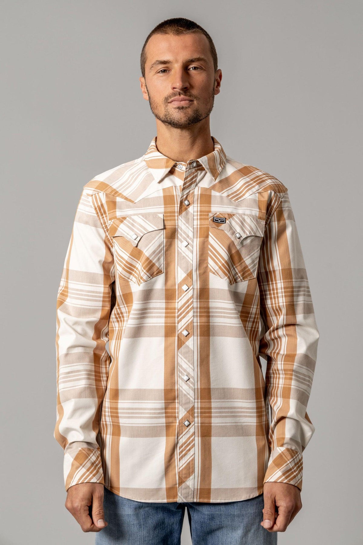 Kimes Ranch Double R long sleeve dress shirt in Work Wear Brown with a plaid pattern and two chest pockets