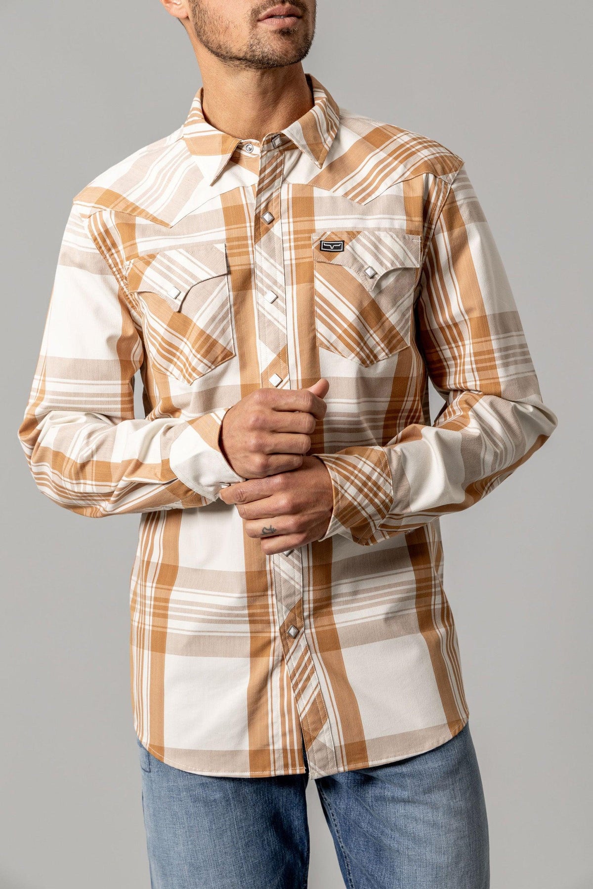 Kimes Ranch Double R long sleeve dress shirt in Work Wear Brown with a plaid pattern and chest pockets