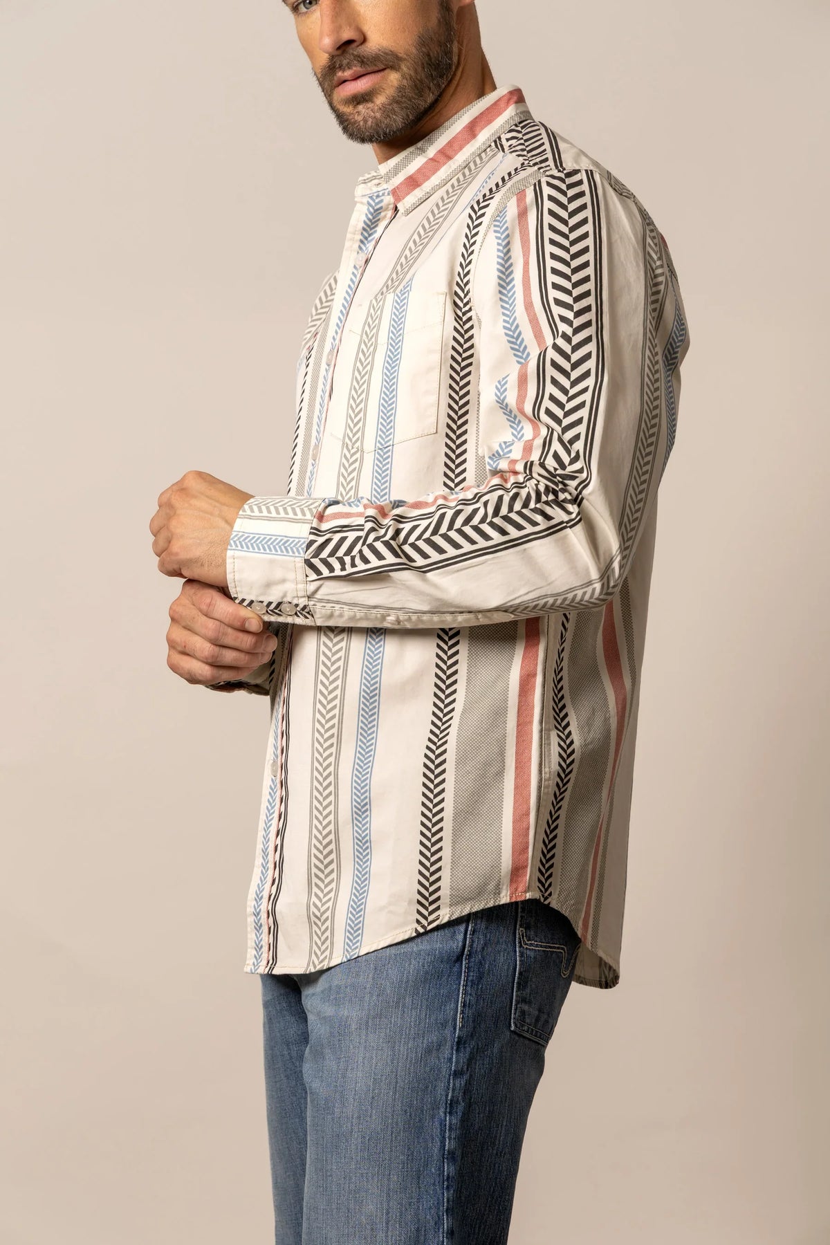 Kimes Ranch Double Tap dress shirt in Black, side view, with multi-color vertical stripes and a chest pocket
