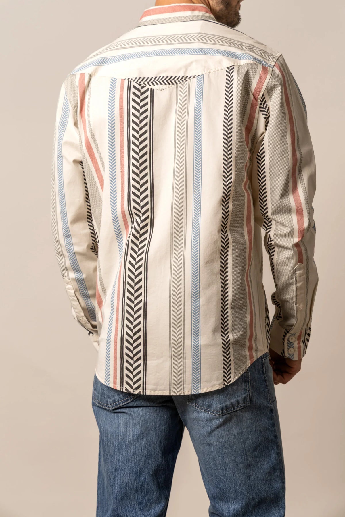 Kimes Ranch Double Tap, back view, dress shirt with Black, blue, and pink vertical stripes