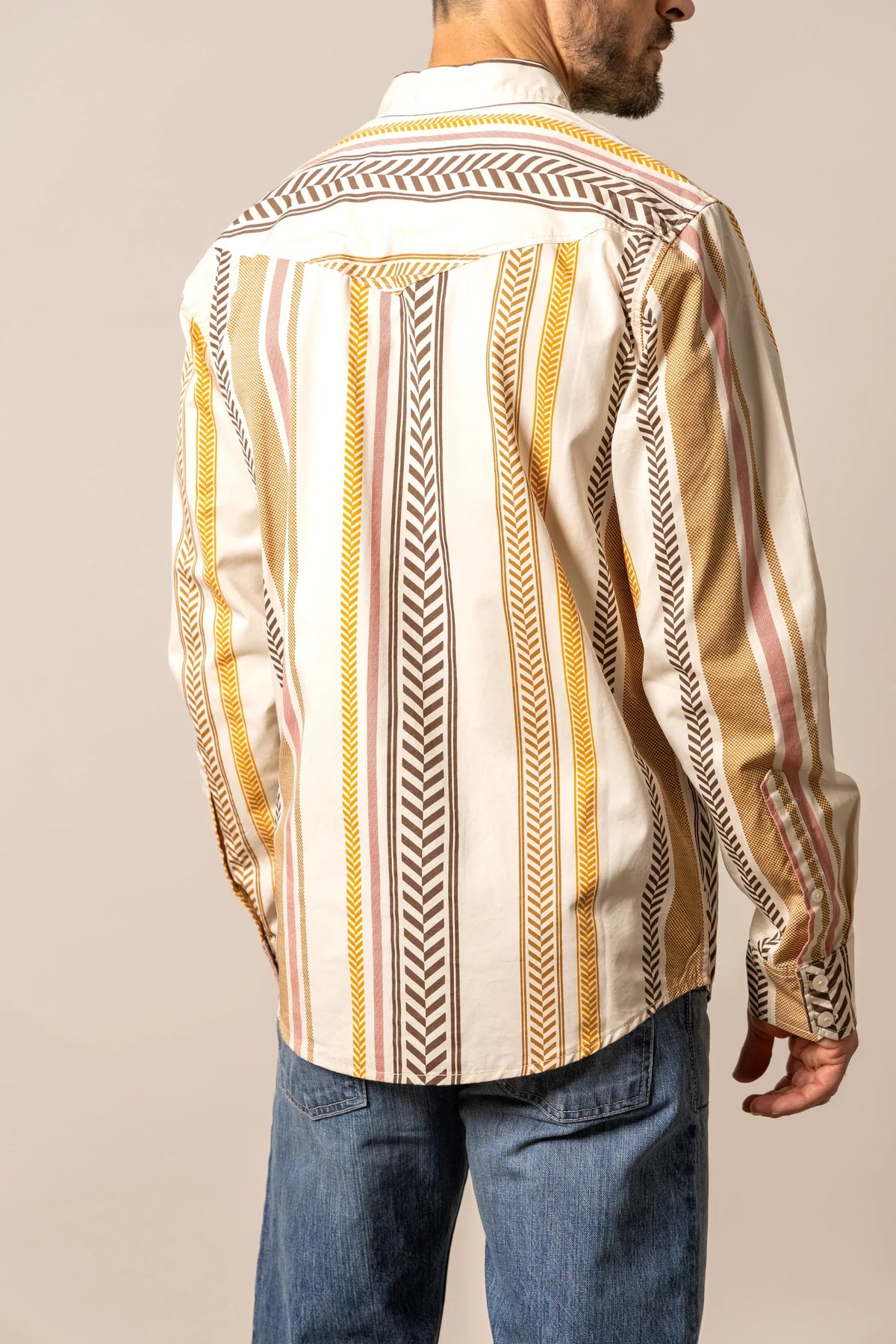 Kimes Ranch Double Tap dress shirt in Natural, back view, with multi-color vertical stripes and a back yoke