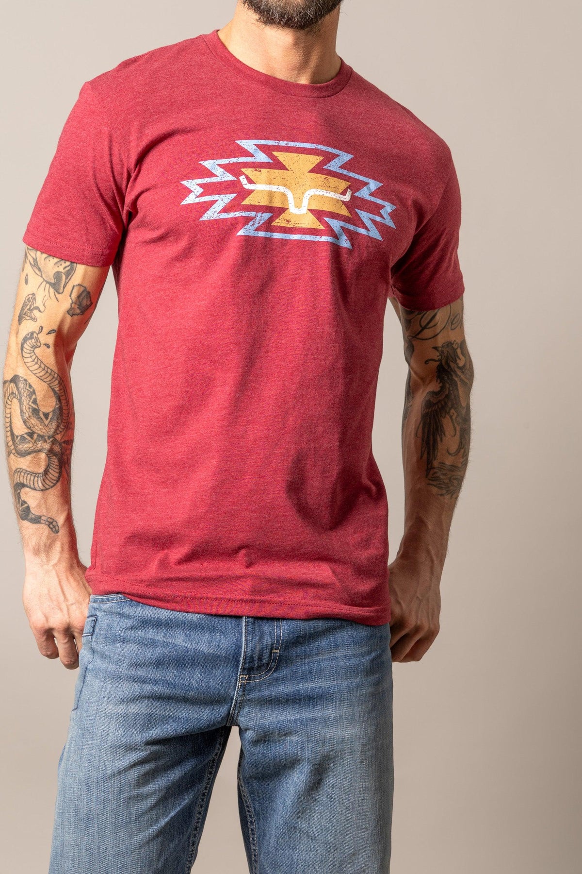Kimes Ranch Durango short sleeve shirt in Cardinal with a graphic print of the Kimes Ranch logo with lightning bolts