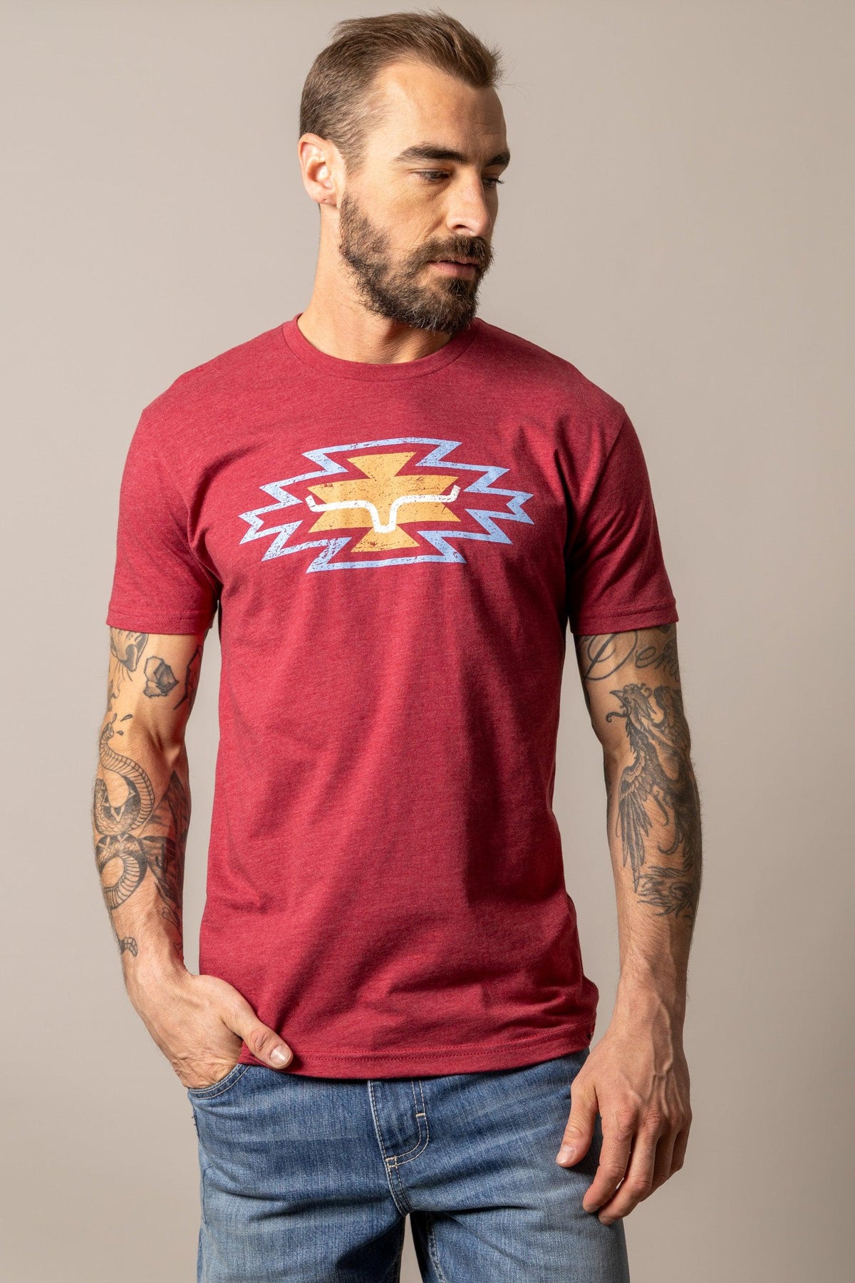 Kimes Ranch Durango shirt in Cardinal with a stylized steer logo graphic on the chest