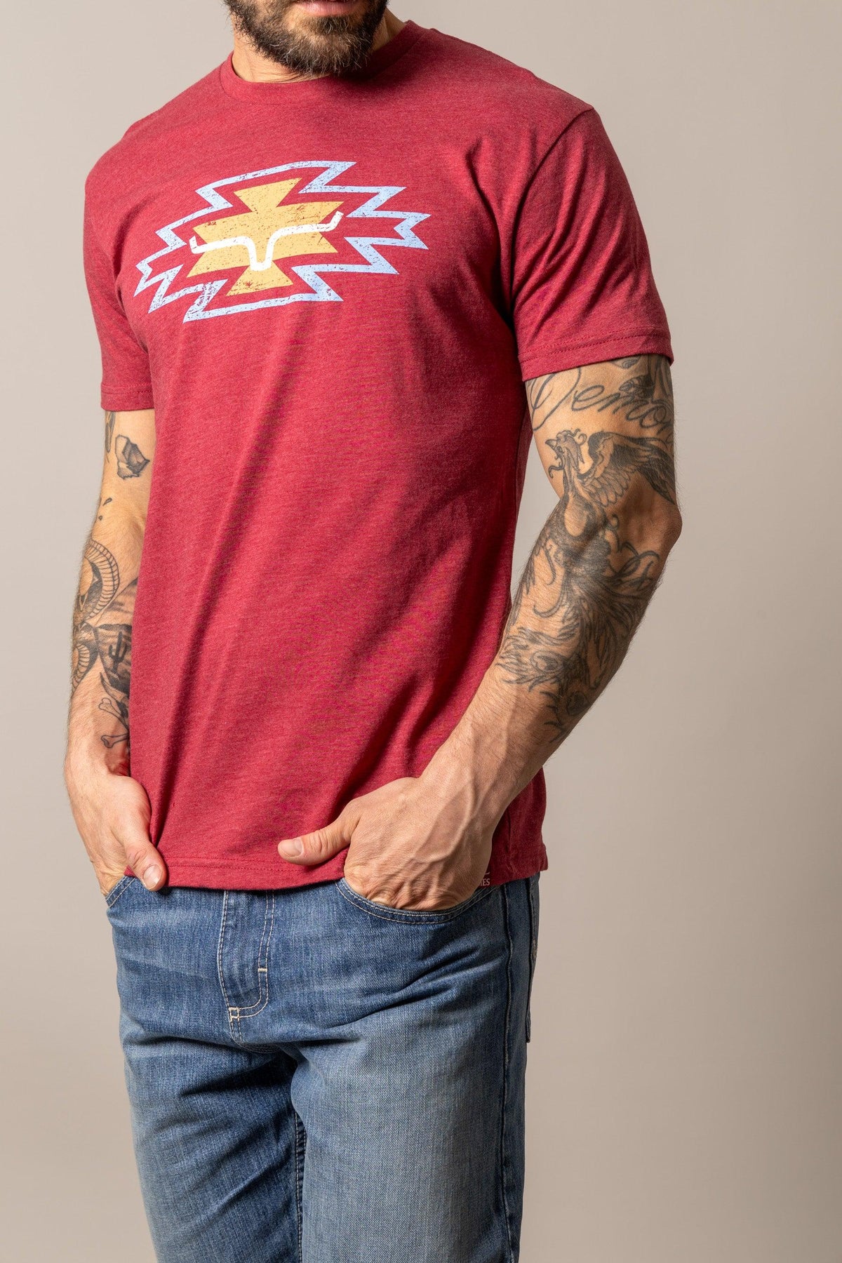 Kimes Ranch Durango shirt in Cardinal with a graphic print of the Kimes Ranch logo with lightning bolts