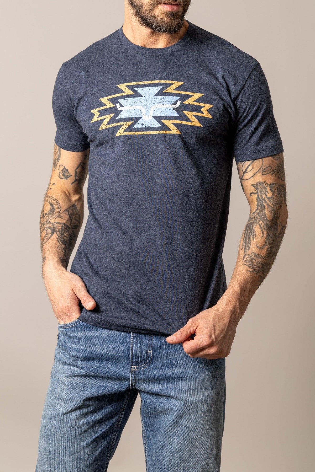 Kimes Ranch Durango shirt in Midnight Navy with a graphic of a the Kimes Ranch logo and lightning bolts