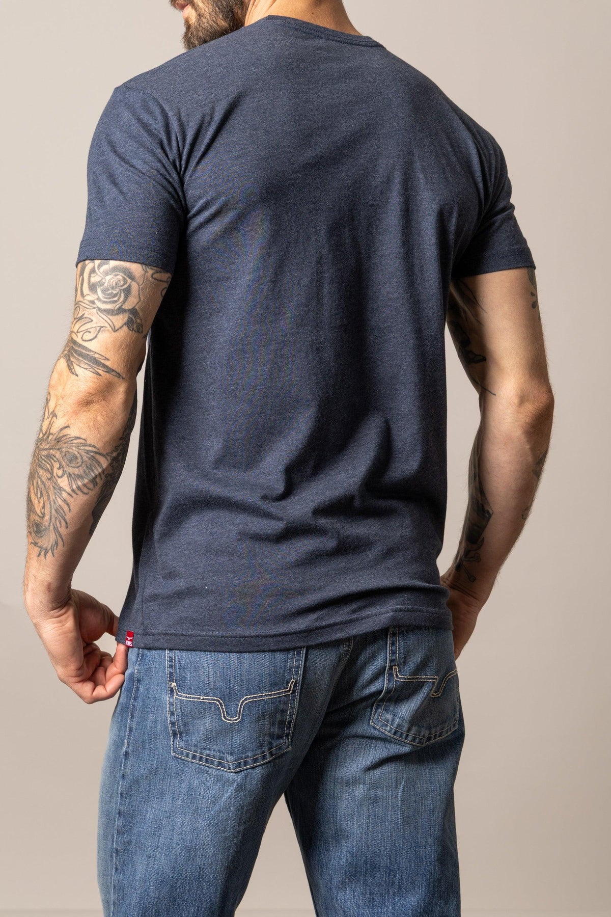 Kimes Ranch Durango shirt in Midnight Navy, back view, with short sleeves and a back yoke