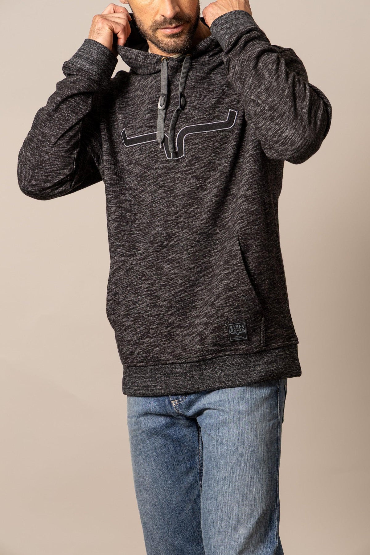Kimes Ranch Durham Hoodie in Black with a front kangaroo pocket and a Kimes Ranch logo patch