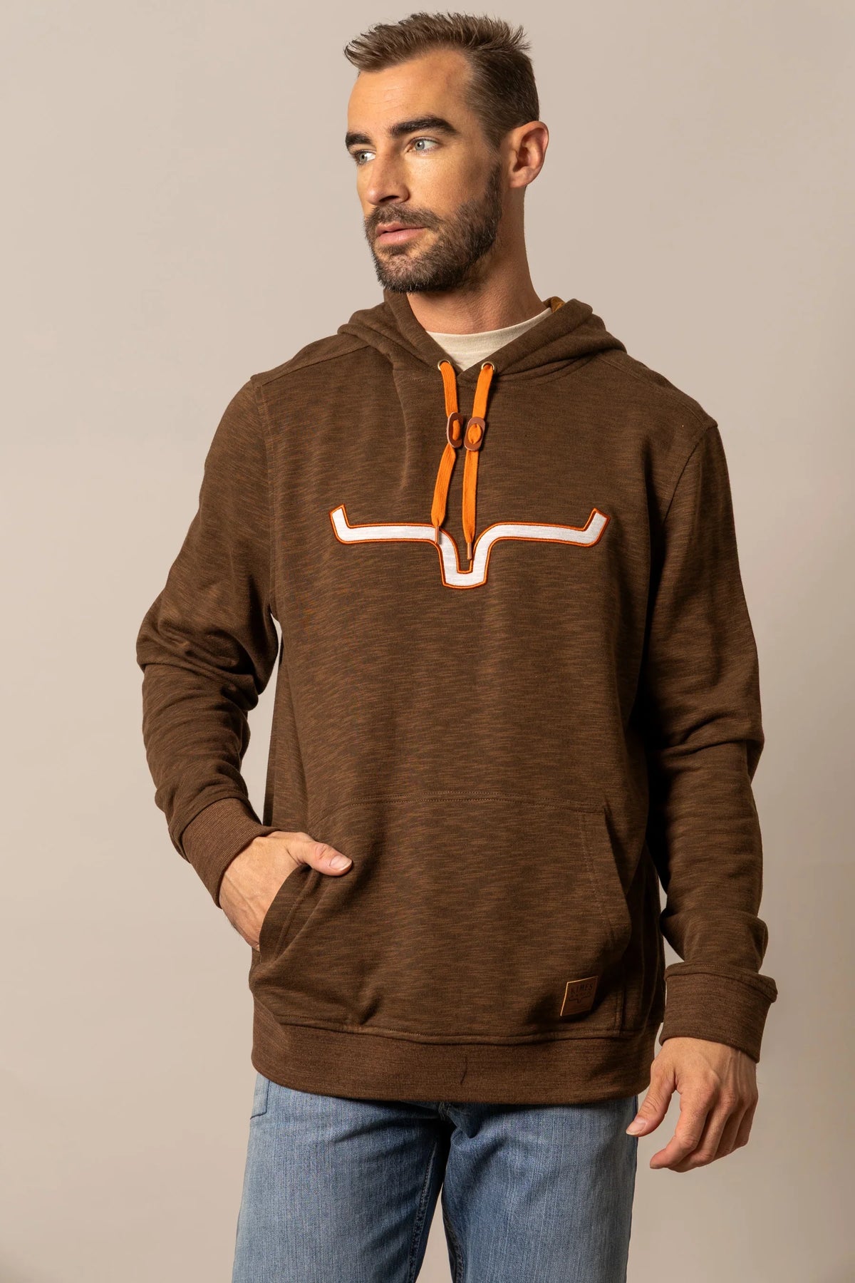 Kimes Ranch Durham Hoodie in Brown with a longhorn graphic and orange drawstrings