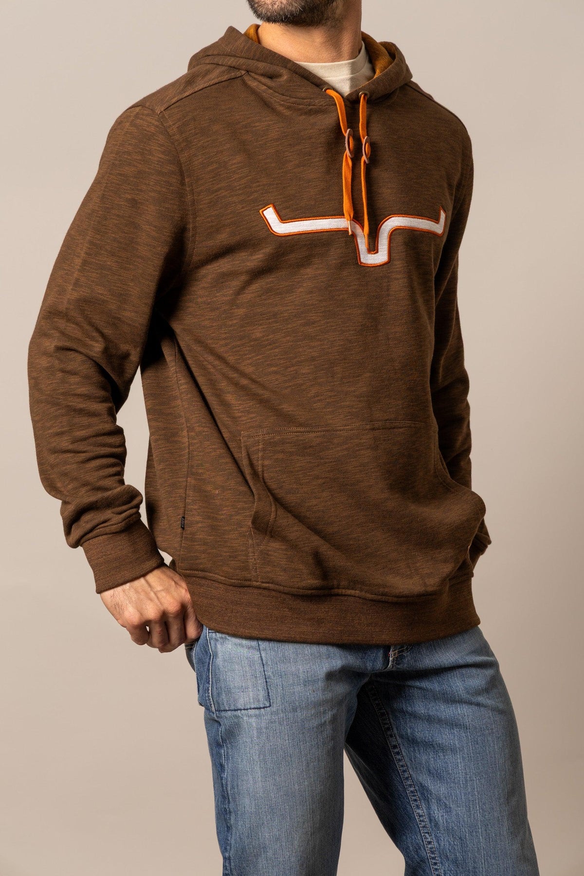Kimes Ranch Durham Hoodie in Brown with a white and orange logo and orange drawstrings