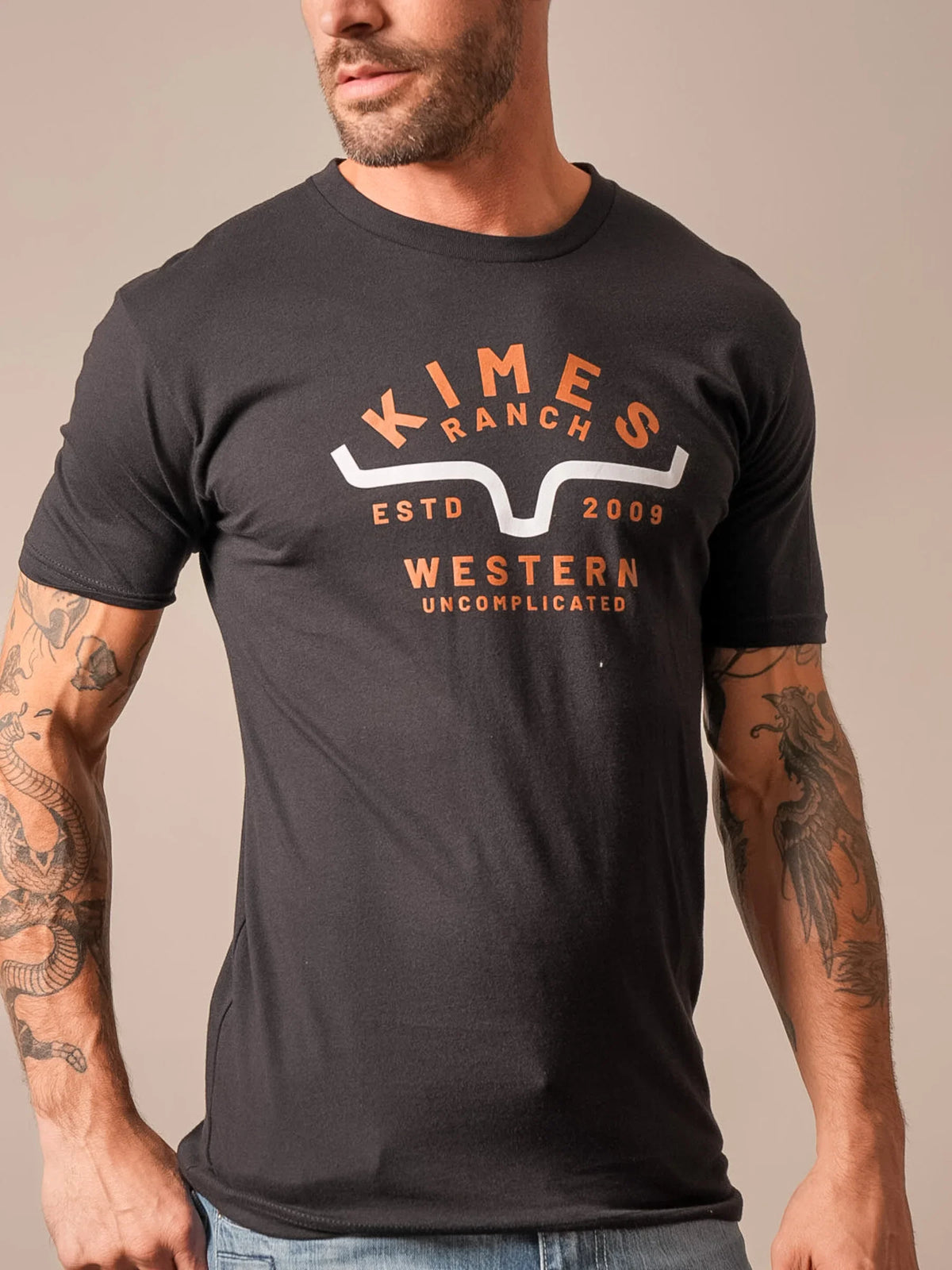 Kimes Ranch Easy Does It shirt in Black with a graphic featuring the Kimes Ranch logo and the text Western Uncomplicated