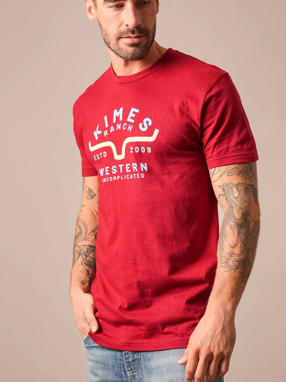 Kimes Ranch Easy Does It shirt in Cardinal with a graphic print featuring the Kimes Ranch logo