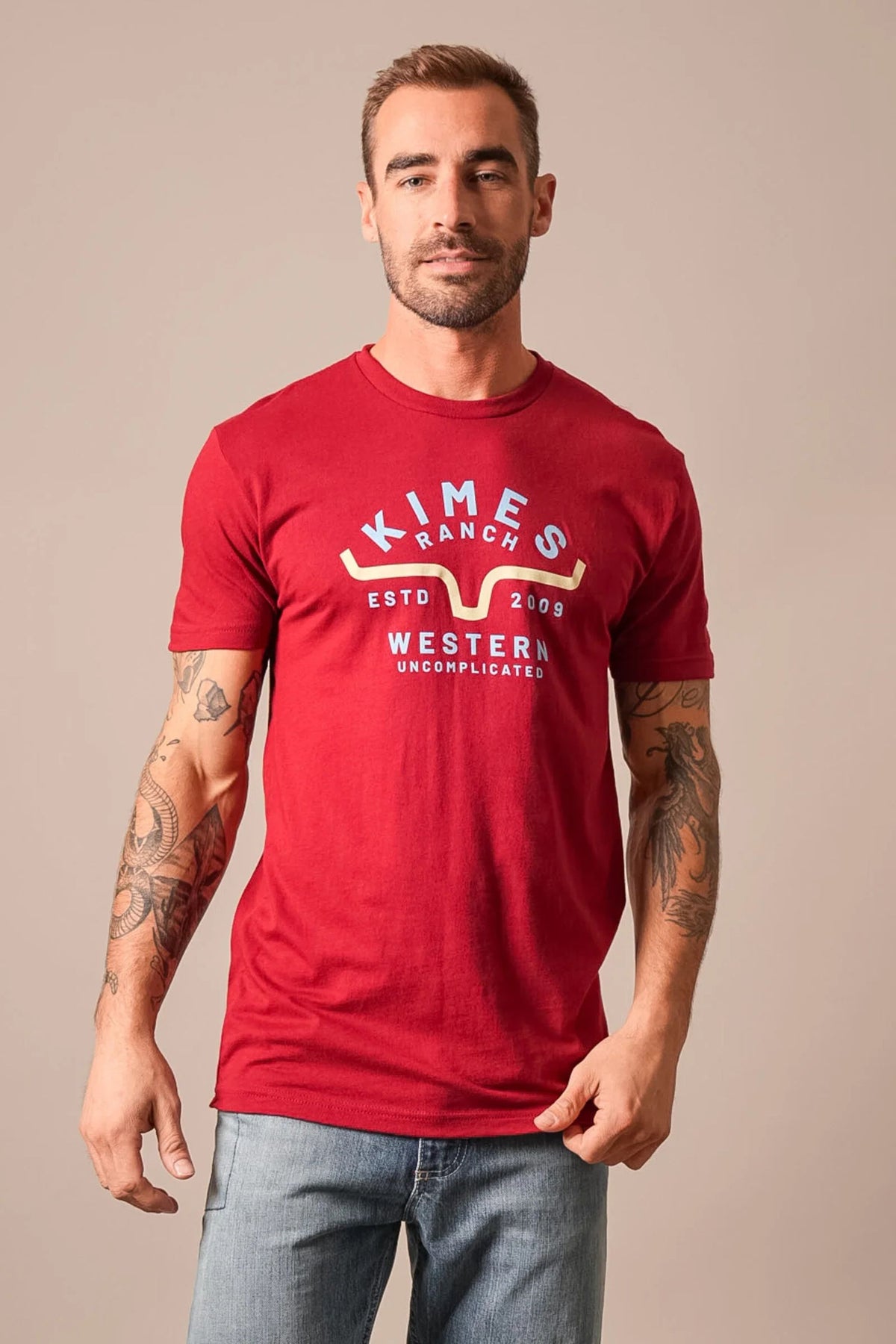 Kimes Ranch Easy Does It shirt in Cardinal with a graphic featuring the Kimes Ranch logo