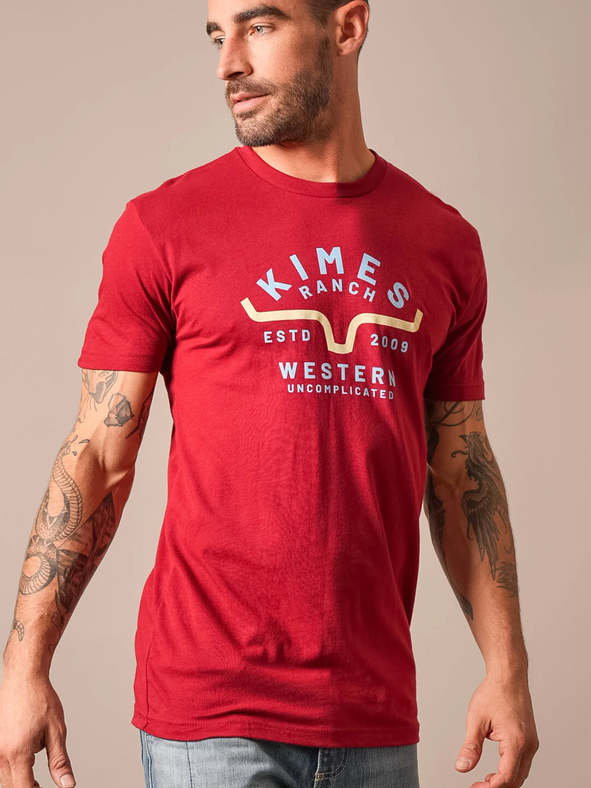 Kimes Ranch Easy Does It shirt in Cardinal with a graphic featuring the Kimes Ranch logo and the text Western Uncomplicated