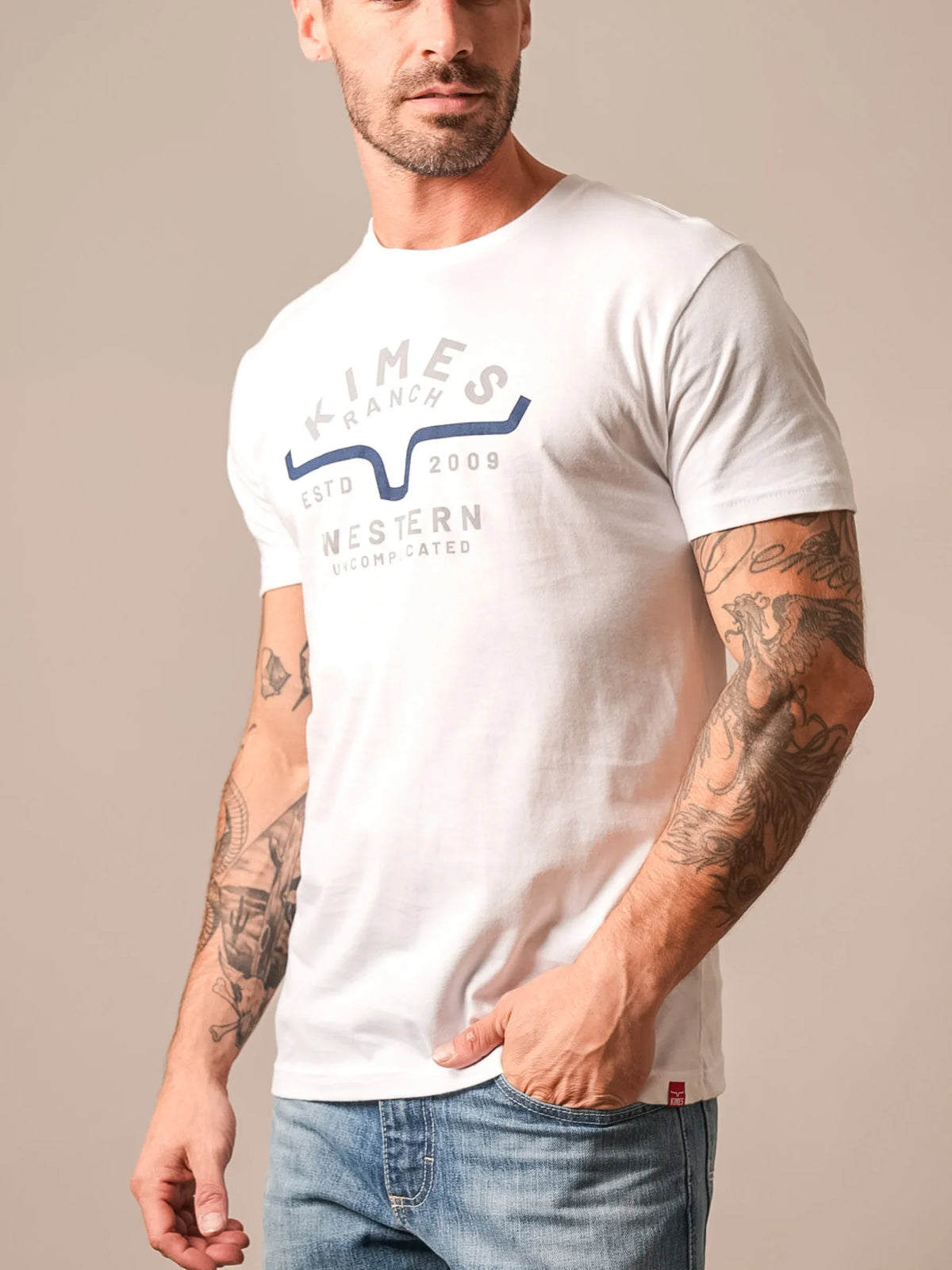 Kimes Ranch Easy Does It White short sleeve shirt with a graphic featuring the Kimes Ranch logo