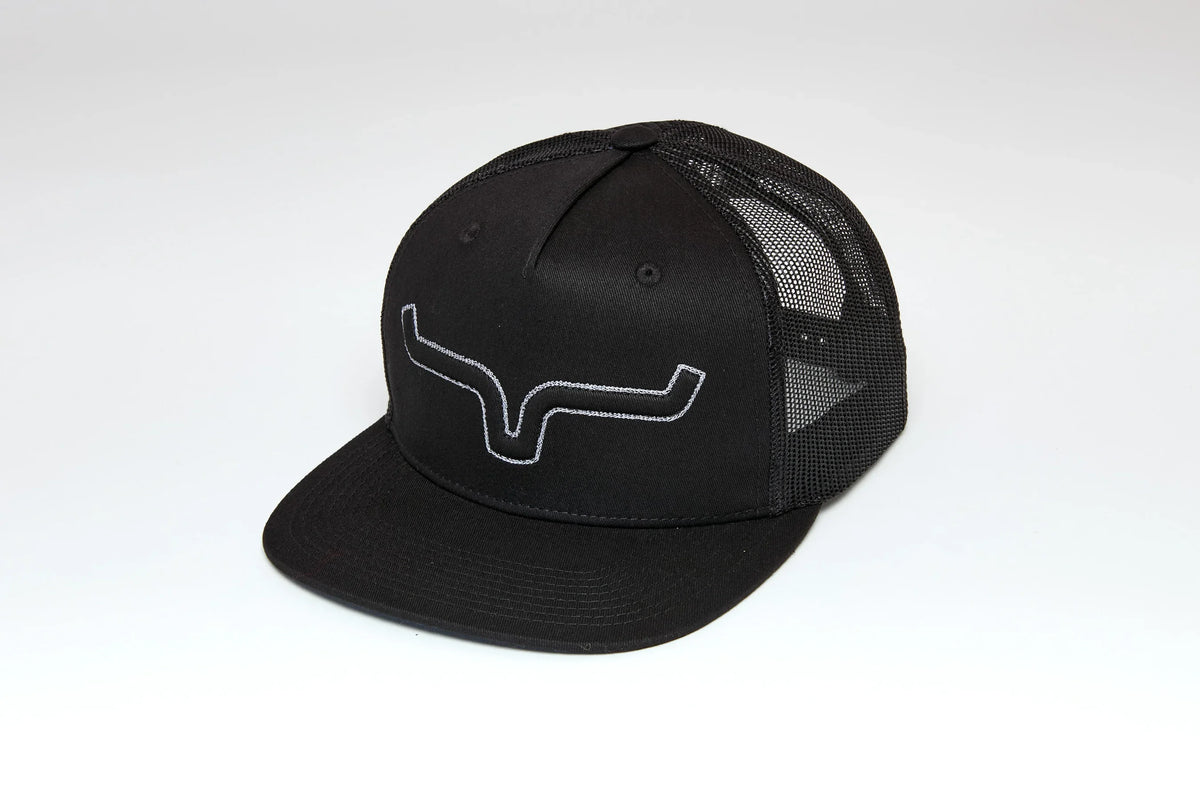 Kimes Ranch Edgewood Black trucker hat with a flat brim and the Kimes Ranch logo embroidered in white on the front