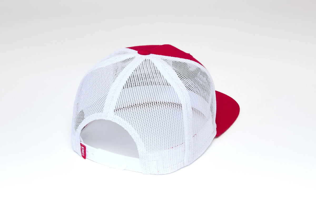 Kimes Ranch Edgewood hat in Red, back view, with white mesh back panels and a Red brim