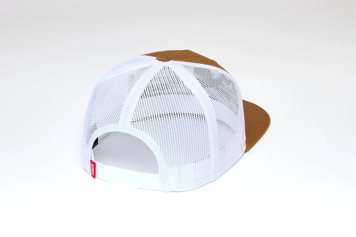 Kimes Ranch Edgewood hat in Work Wear Brown, back view, with white mesh back and red brand tag