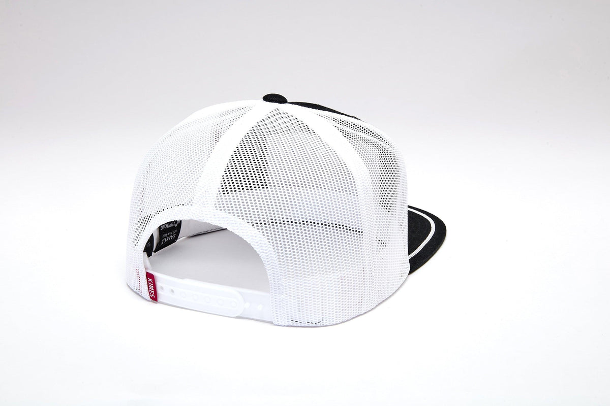 Kimes Ranch Edwin hat in Black, back view, with white mesh back and adjustable strap