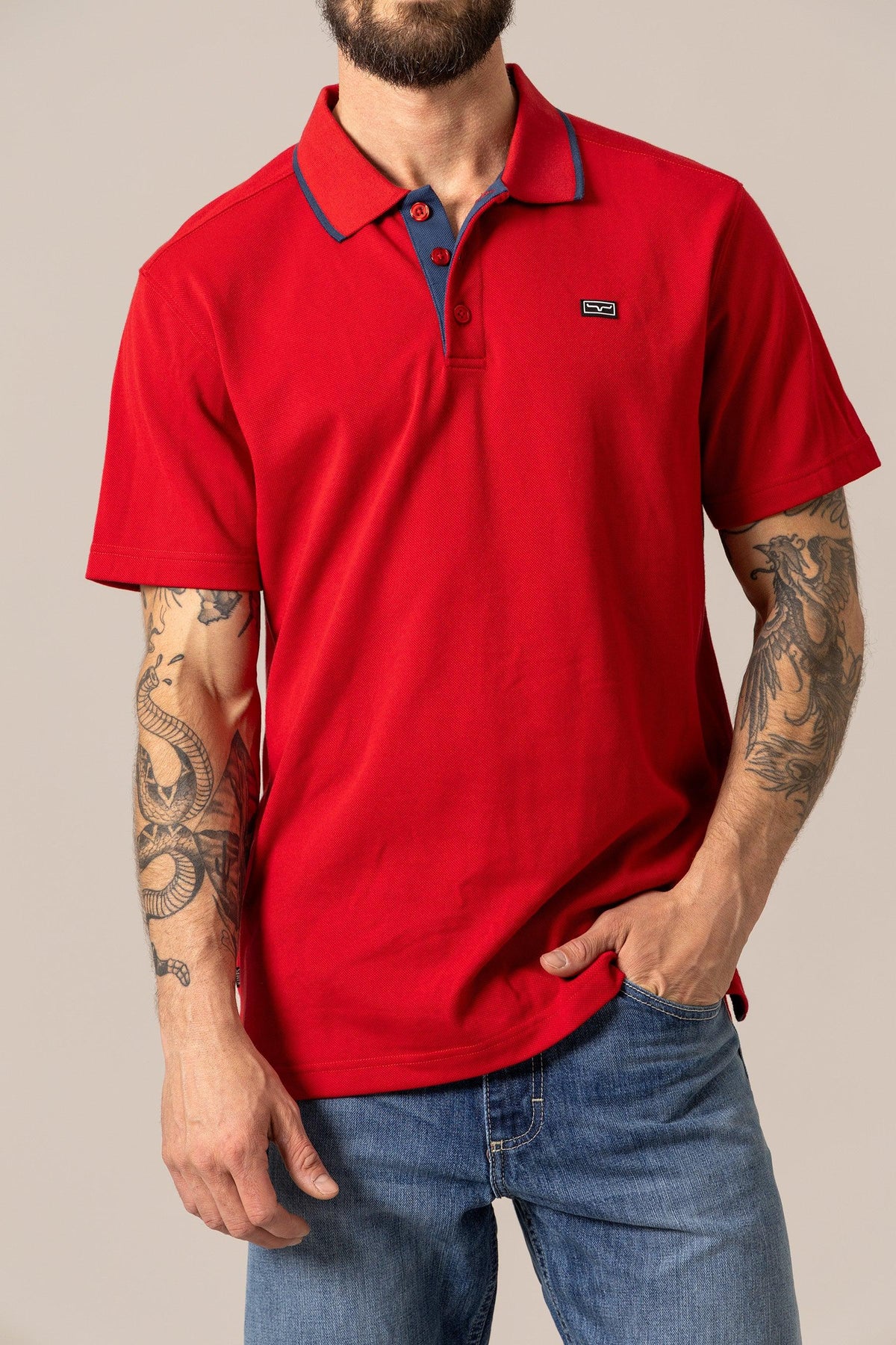 Kimes Ranch El Capitan Polo in Red with blue collar trim and logo