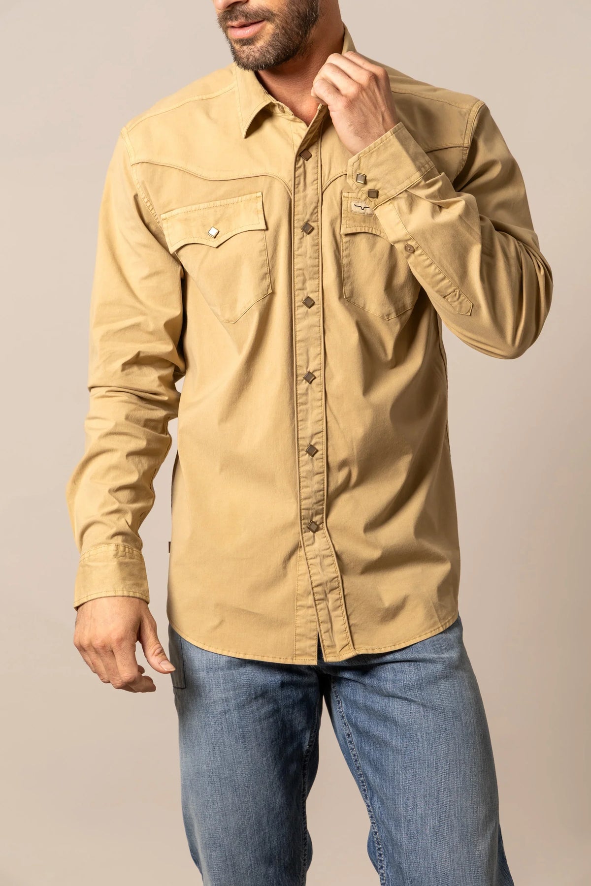 Kimes Ranch El Toro dress shirt in Sand with long sleeves, button front, and two chest pockets