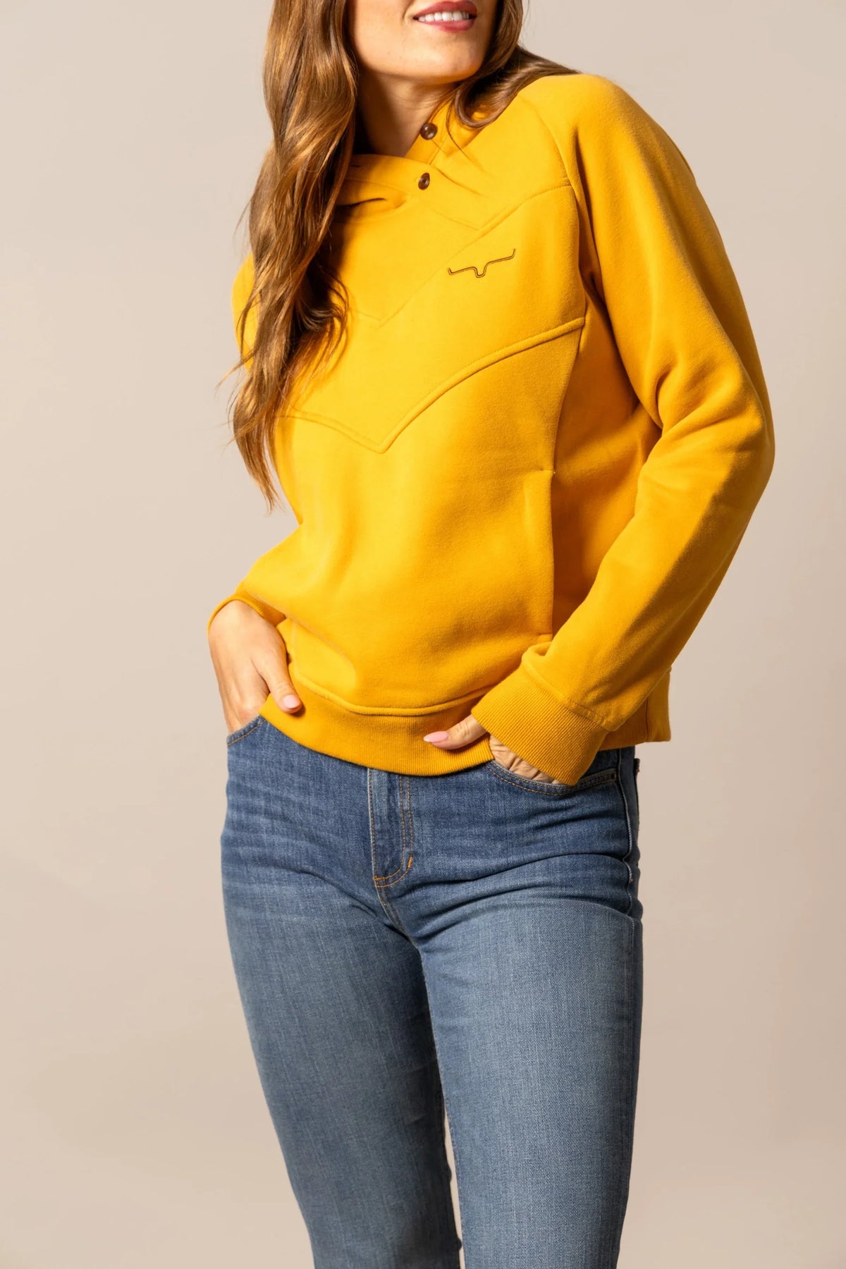 Kimes Ranch Ella hoodie in Yellow Ochre with a front yoke and embroidered logo