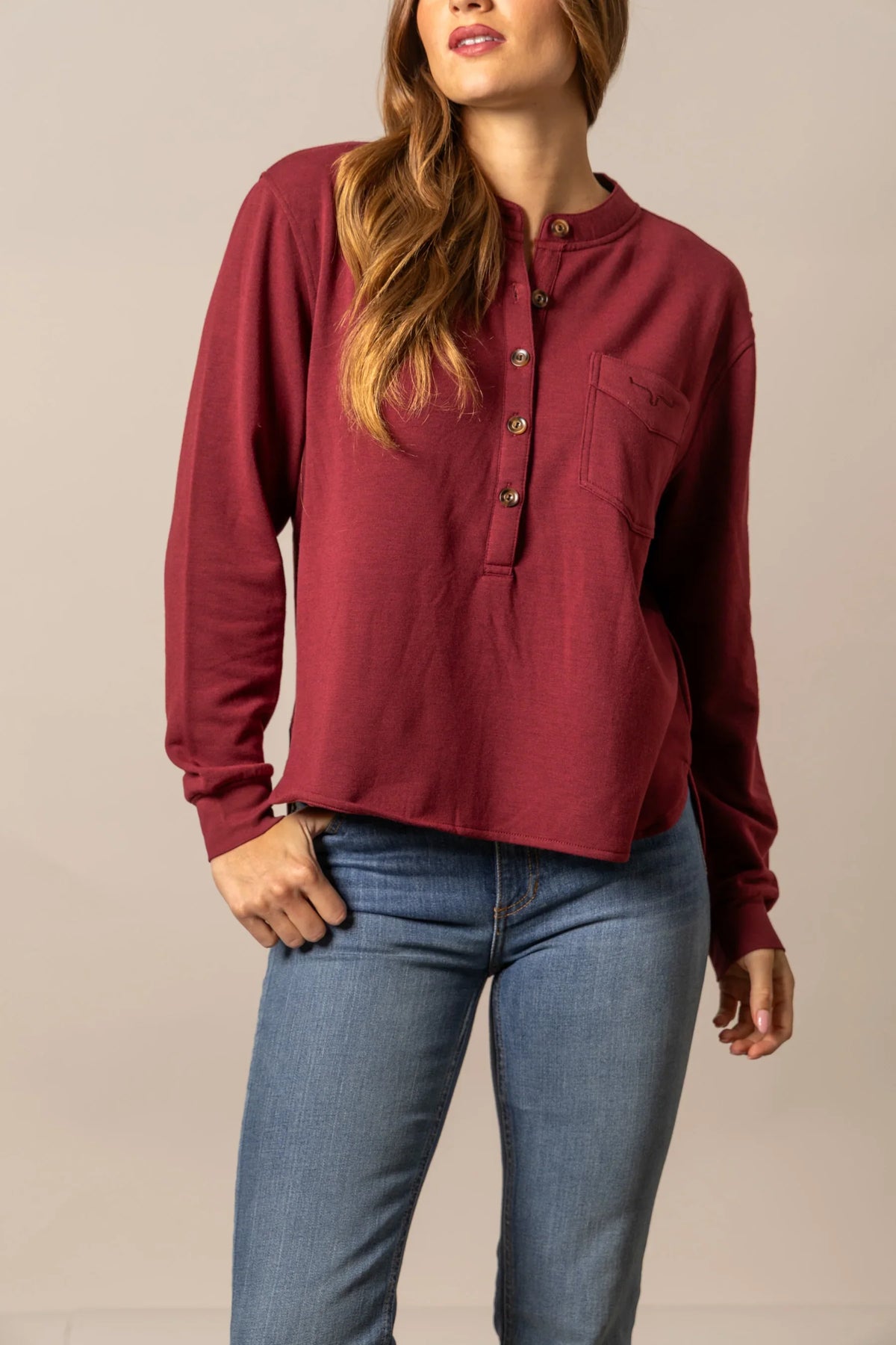 Kimes Ranch Elouise Henley sweater in Maroon with a button placket and chest pocket