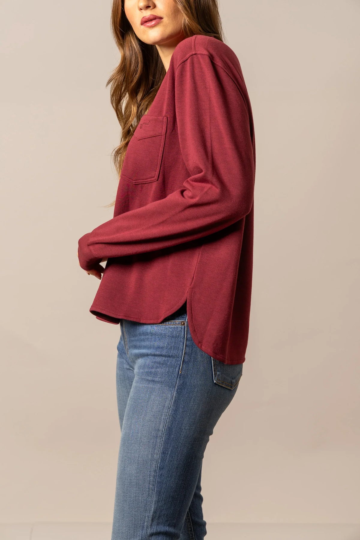 Kimes Ranch Elouise Henley sweater in Maroon, side view, with a chest pocket and long sleeves
