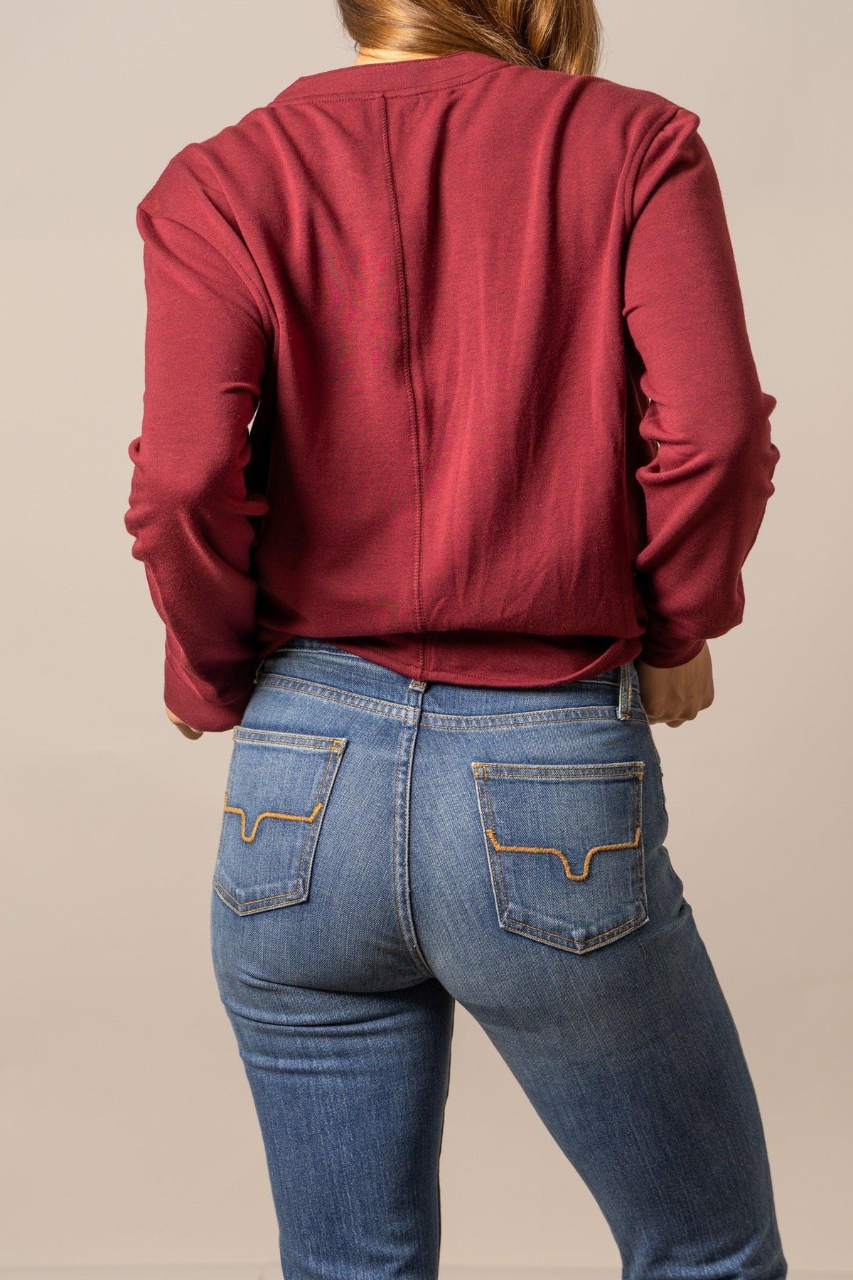 Kimes Ranch Elouise Henley sweater in Maroon, back view, with long sleeves and a back yoke seam