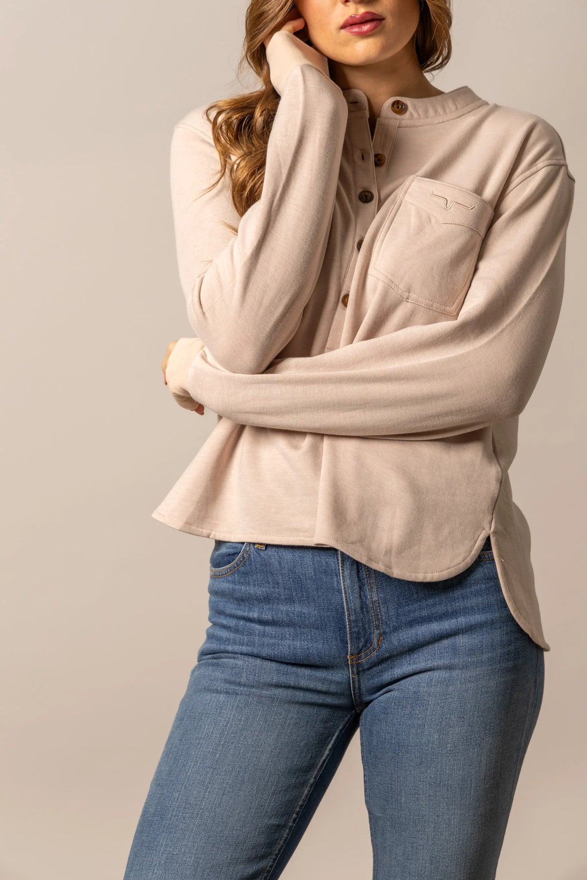 Kimes Ranch Elouise Henley sweater in Natural with a button placket and chest pocket with logo