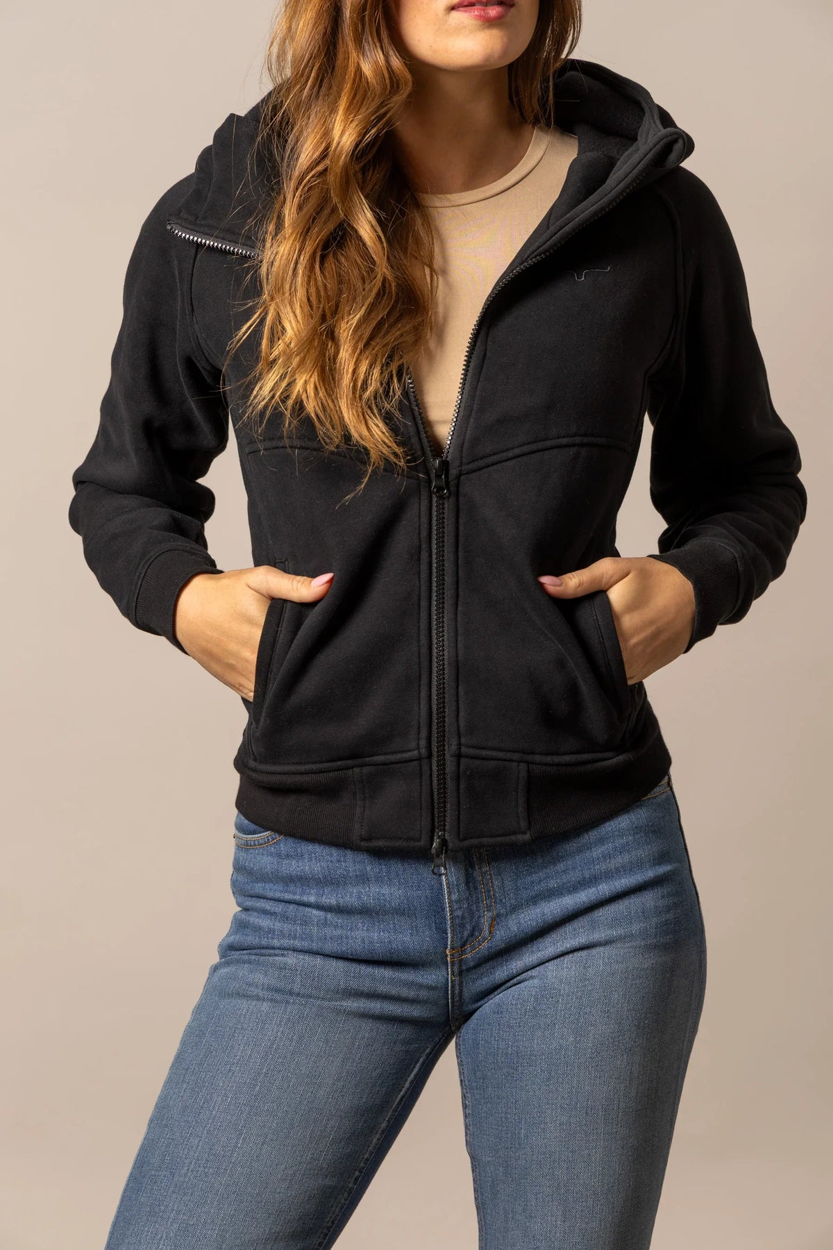 Kimes Ranch Emma Hoodie in Black with a front zip, kangaroo pockets, and a logo on the chest