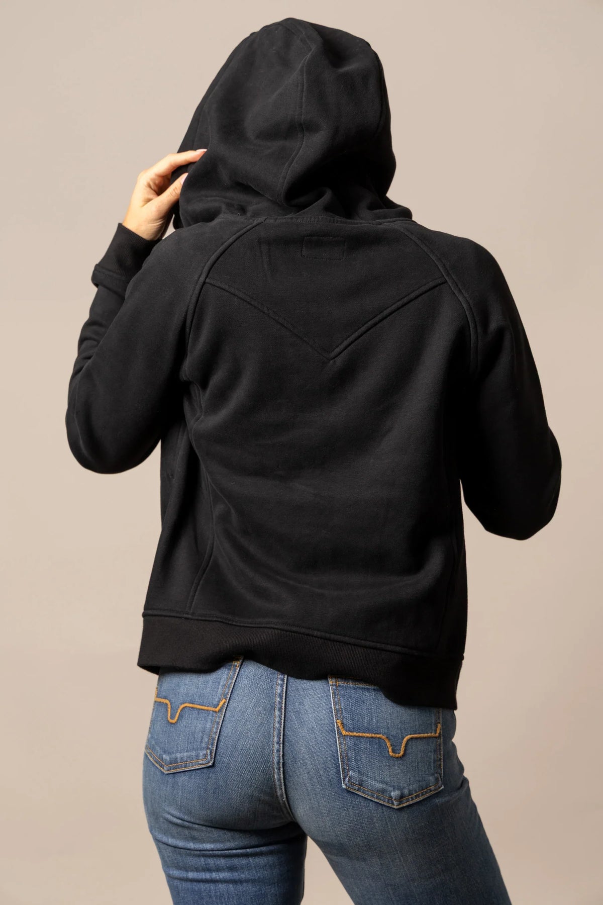 Kimes Ranch Emma Hoodie in Black, back view, with a back yoke and long sleeves
