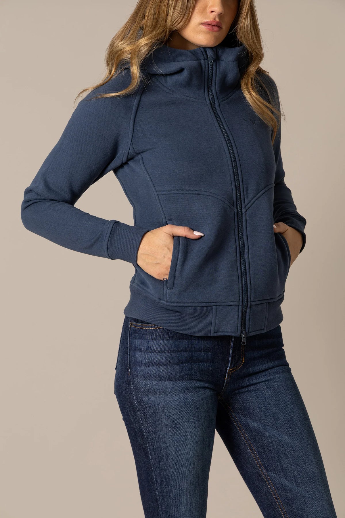 Kimes Ranch Emma Hoodie in Dark Blue with a high collar, front zip, and side pockets