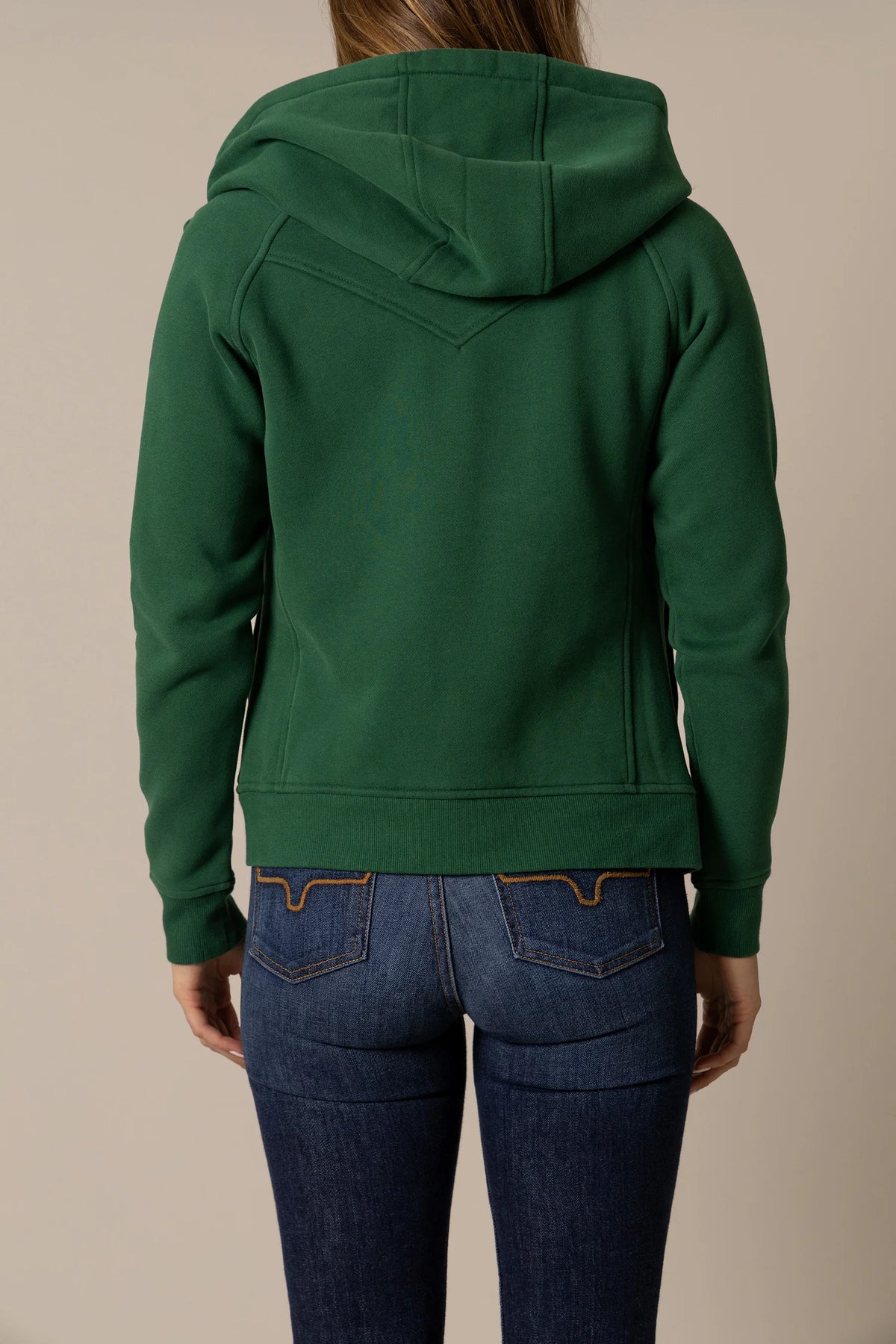 Kimes Ranch Emma Hoodie in Forest, back view, with a back yoke seam and ribbed hem