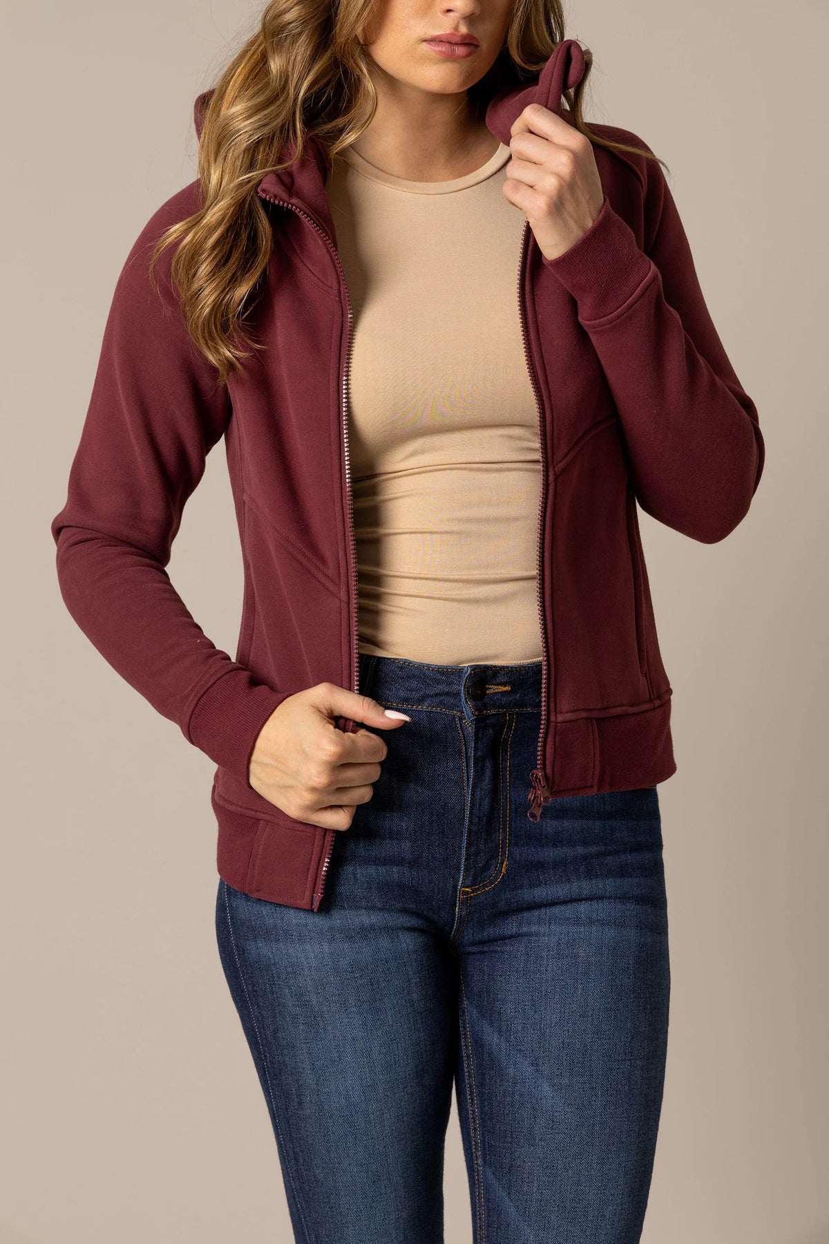 Kimes Ranch Emma Hoodie in Maroon with a full zip front and side pockets