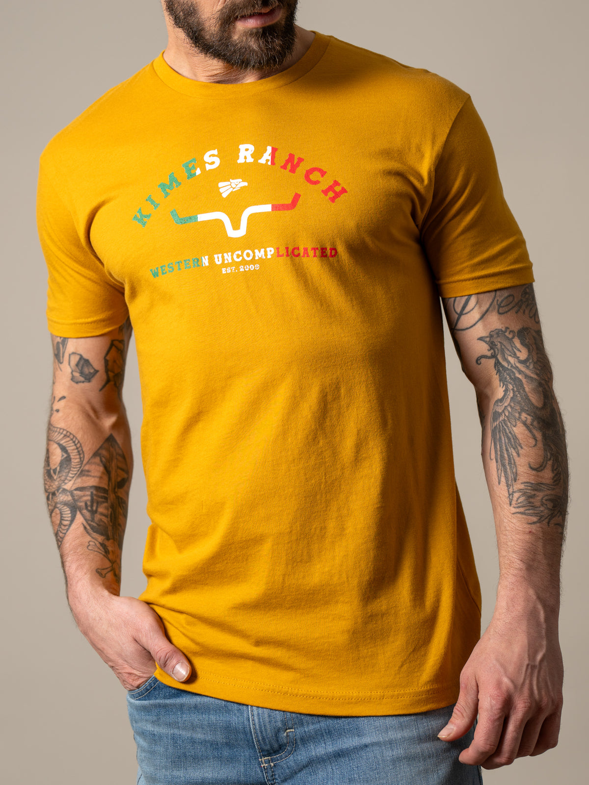 Kimes Ranch Establecido En 2009 shirt in Antique Gold with a vintage graphic print and short sleeves