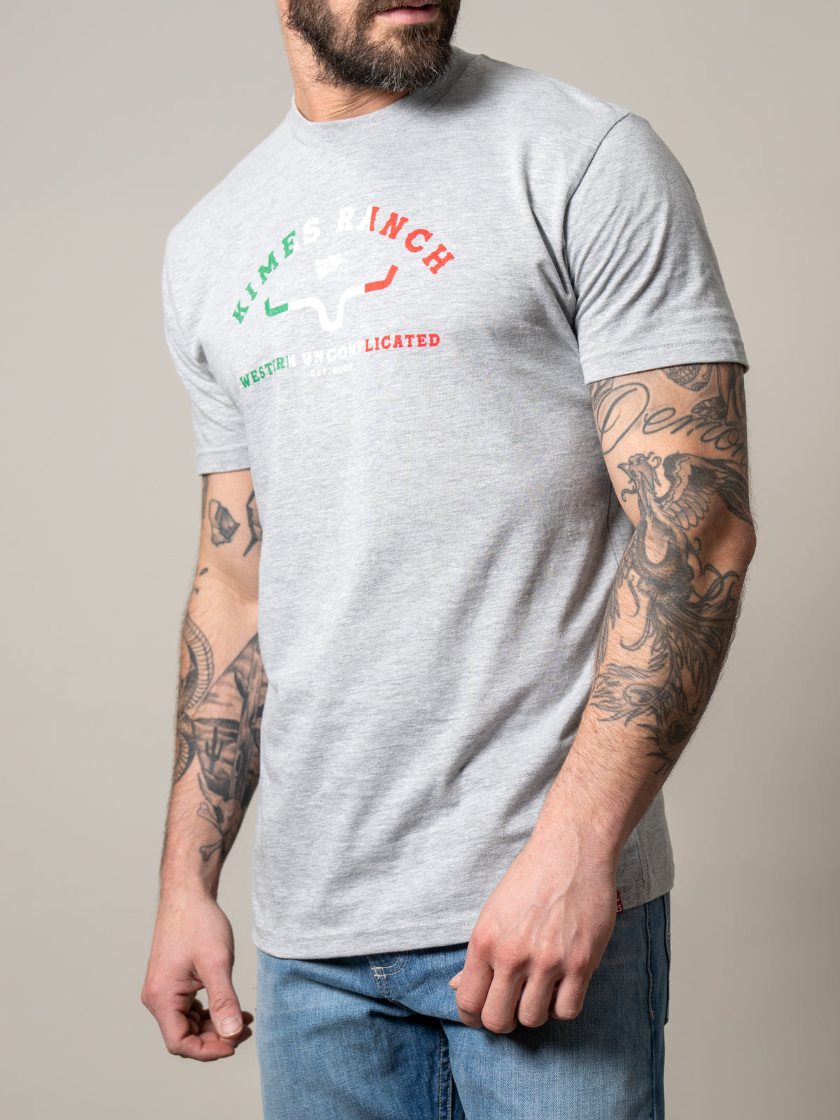 Kimes Ranch Establecido En 2009 shirt in Heather Grey with Kimes Ranch logo and Western Uncomplicated text