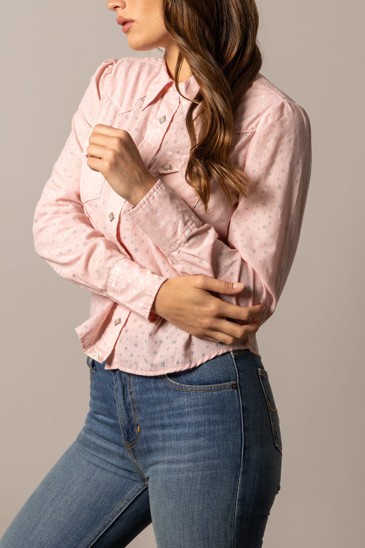 Kimes Ranch Etoile top in Light Pink, side view, with a star print and snap front closure