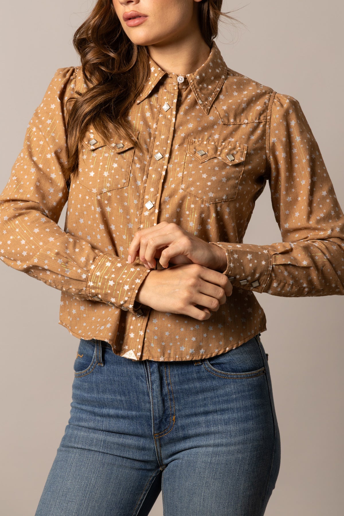 Kimes Ranch Etoile top in Tobacco with a star print and silver-tone snap closures