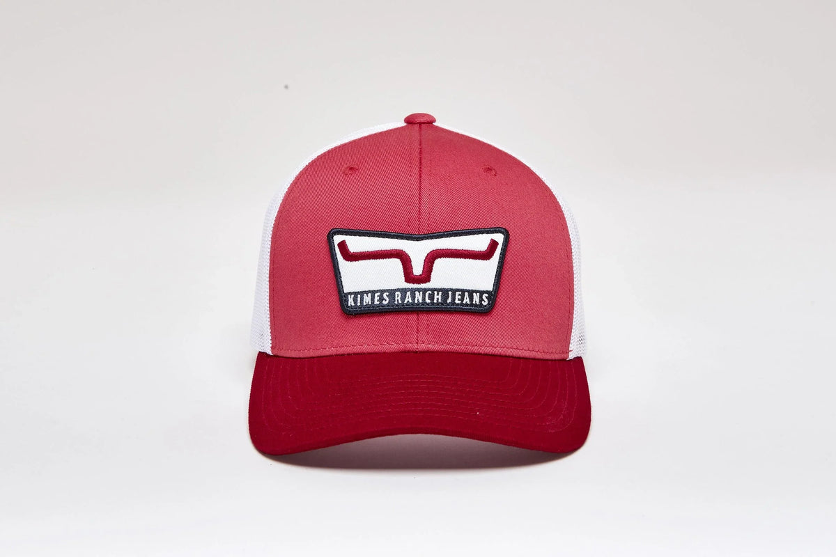 Kimes Ranch Extra Crunchy Hat in Coral with white mesh back and front Kimes Ranch logo patch