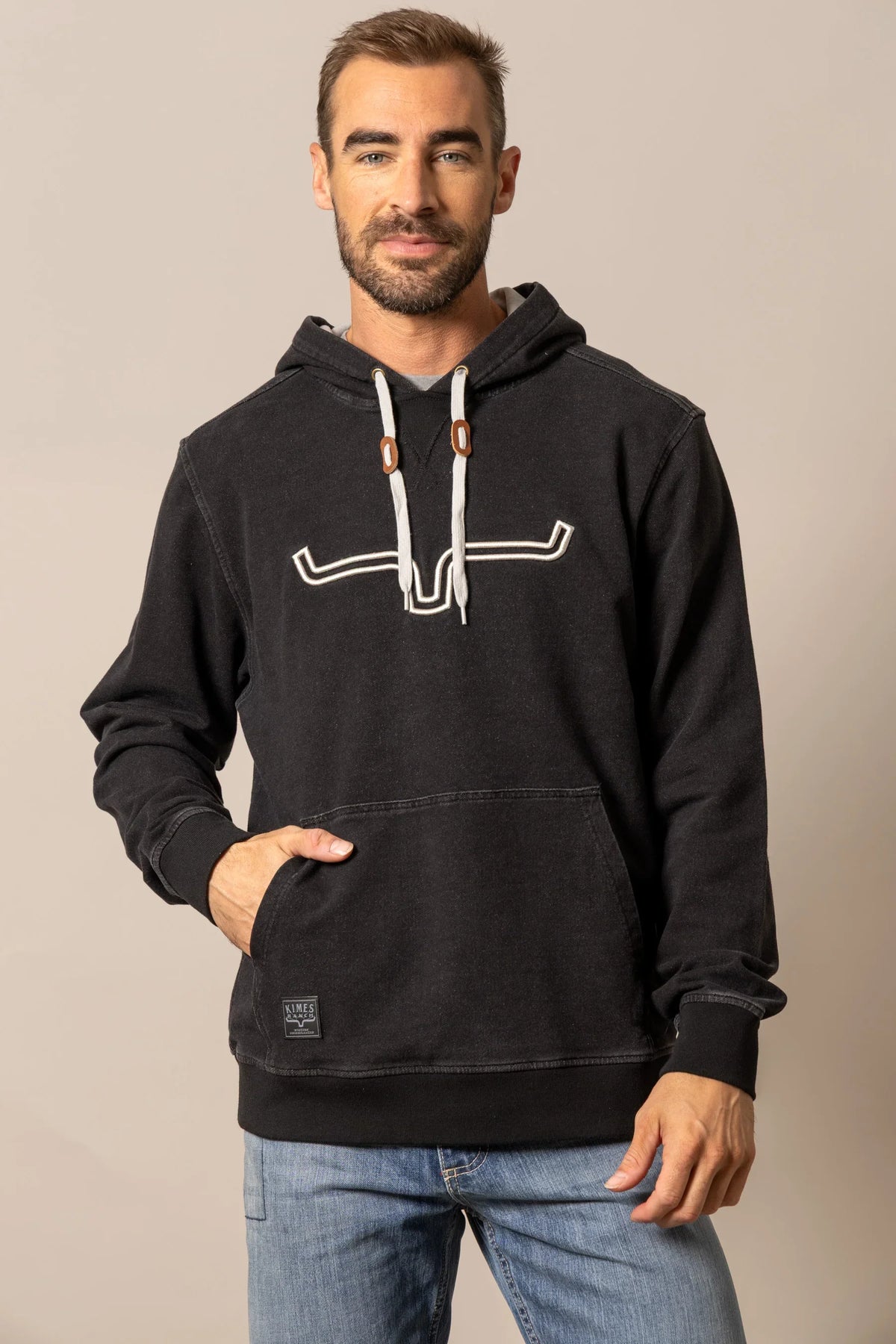 Kimes Ranch FTI Hoodie in Faded Black with a white embroidered steer logo and front kangaroo pocket
