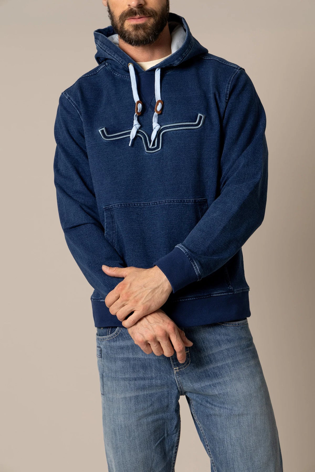 Kimes Ranch FTI Hoodie in Indigo with a front kangaroo pocket and embroidered Kimes Ranch logo