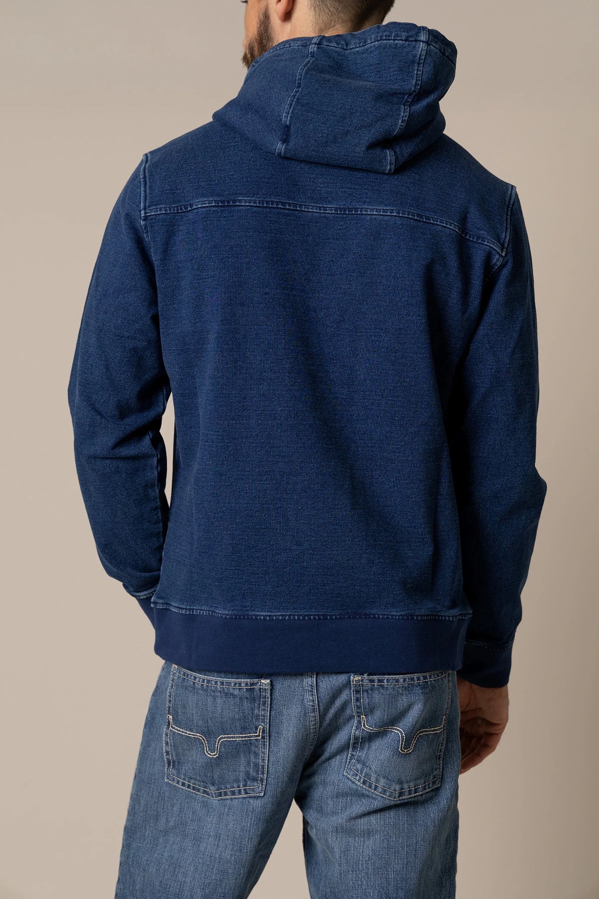 Kimes Ranch FTI Hoodie in Indigo, back view, showing the back with a hood and contrast stitching