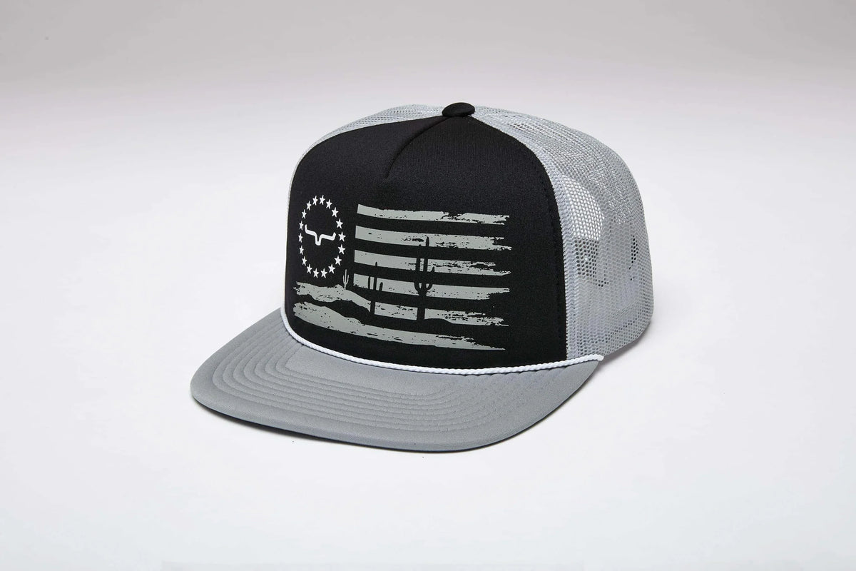 Kimes Ranch Faded hat in Grey with a distressed flag graphic and cactus print on the front panel