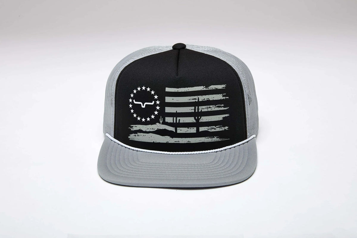 Kimes Ranch Faded hat with Grey mesh and a distressed flag graphic featuring cacti and the Kimes Ranch logo