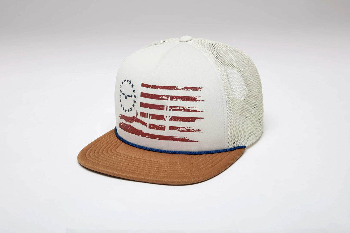 Kimes Ranch Faded, side view, hat with a distressed flag graphic and tan brim